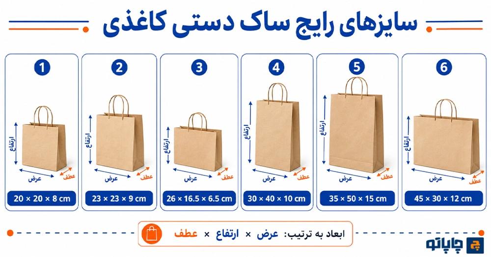 سایزهای رایج ساک دستی کاغذی و مقایسه ابعاد شاپینگ بگ
